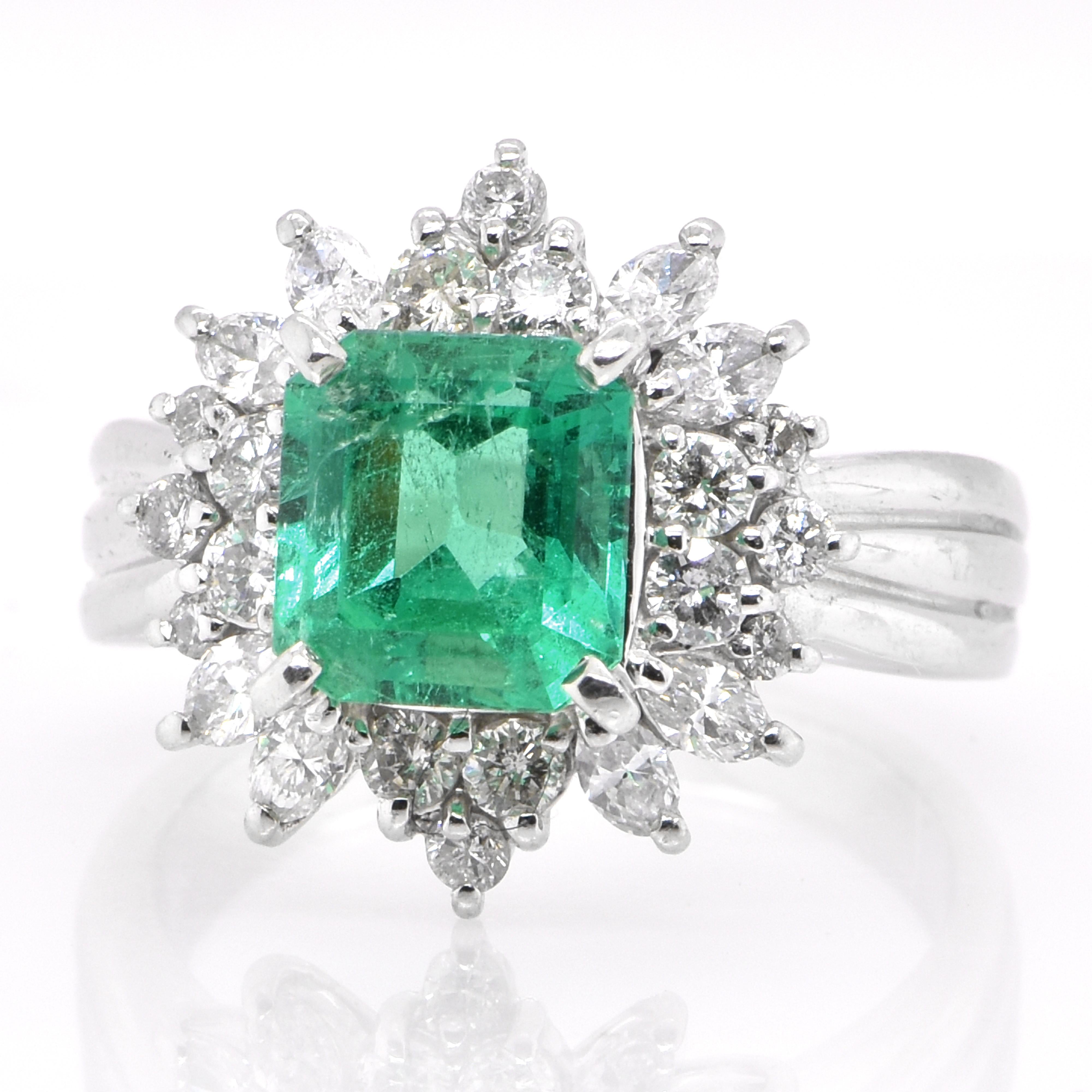 A stunning ring featuring a 1.90 Carat Natural Colombian Emerald and 0.905 Carats of Diamond Accents set in Platinum. People have admired emerald’s green for thousands of years. Emeralds have always been associated with the lushest landscapes and