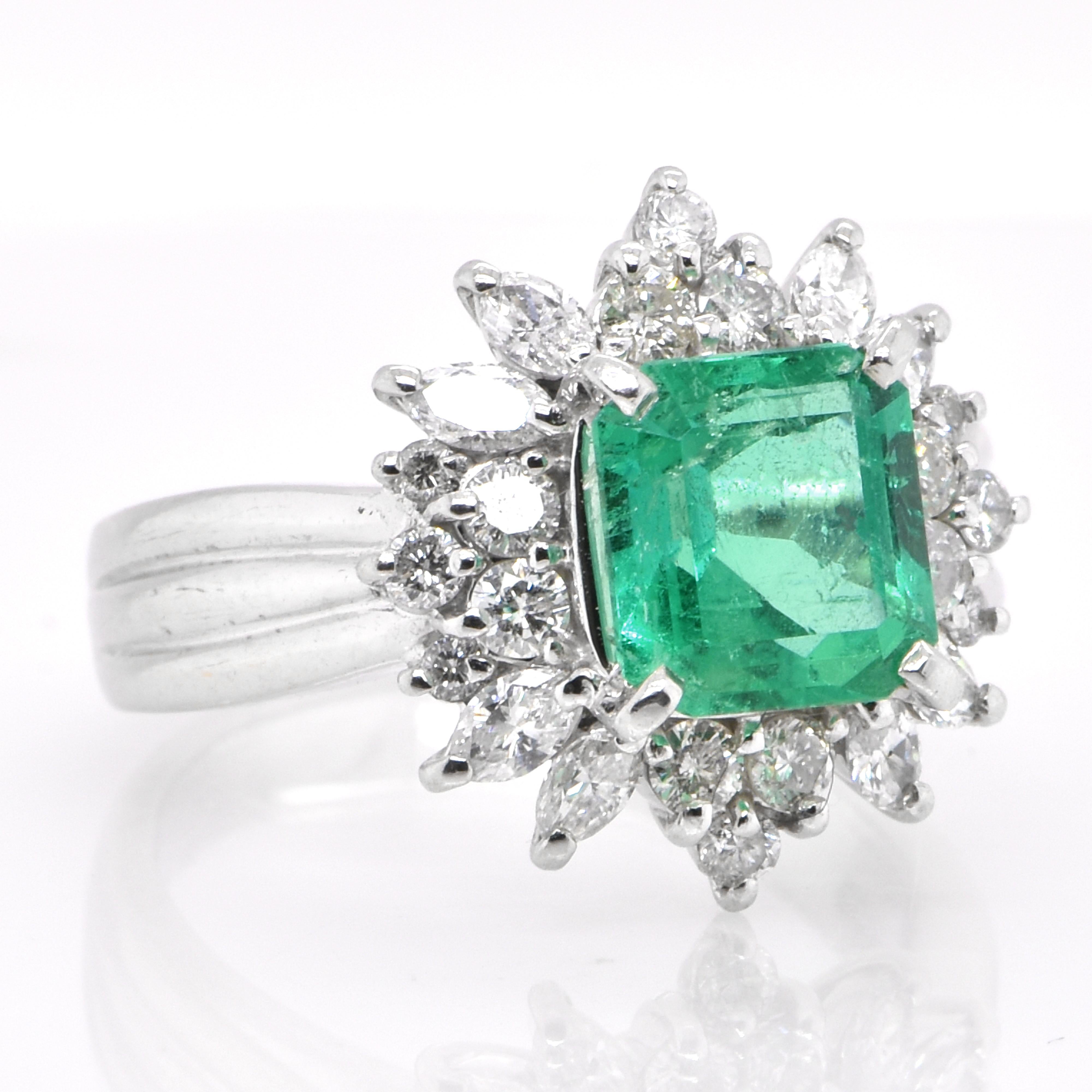 Modern 1.90 Carat Natural Emerald and Diamond Cocktail Ring Set in Platinum For Sale
