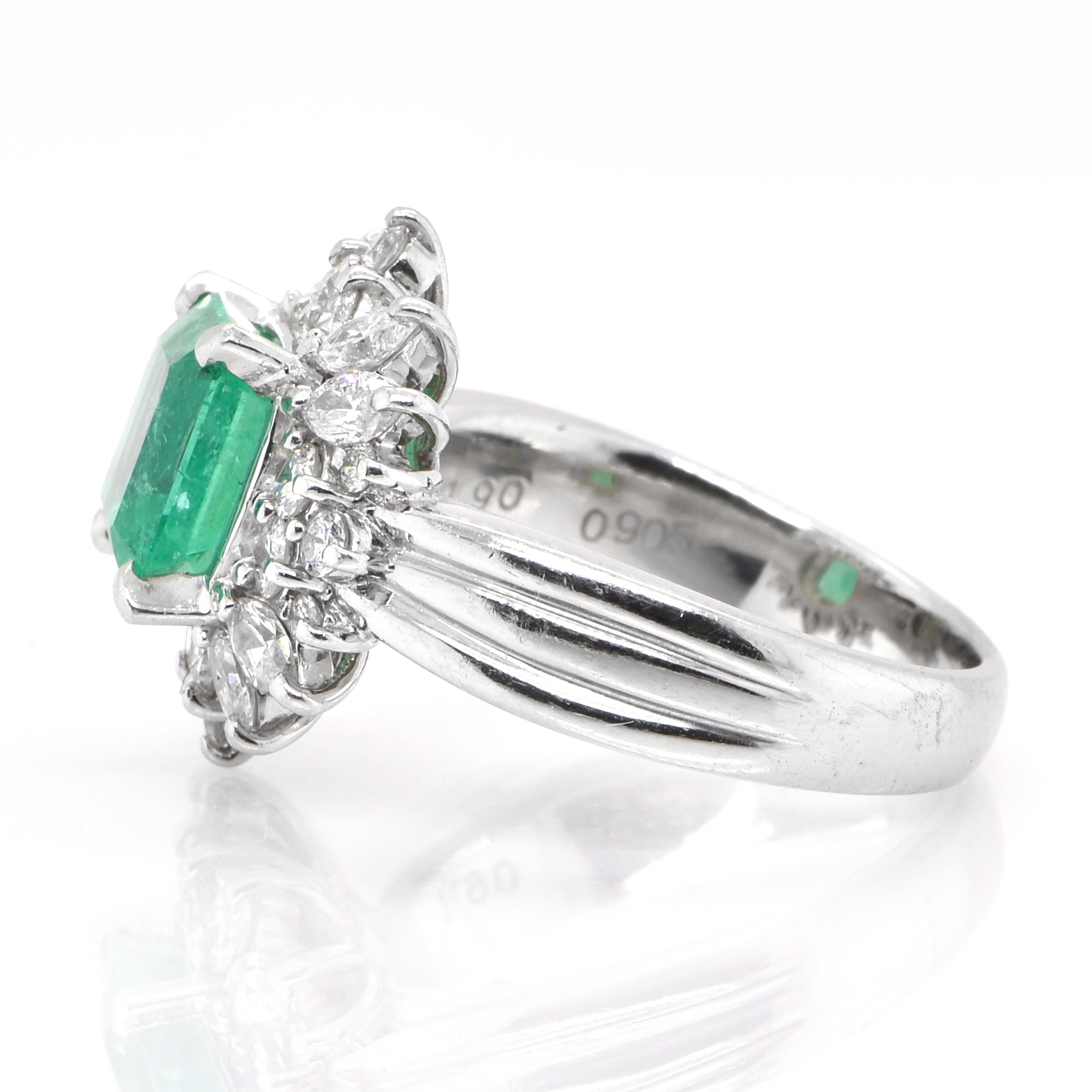 Emerald Cut 1.90 Carat Natural Emerald and Diamond Cocktail Ring Set in Platinum For Sale