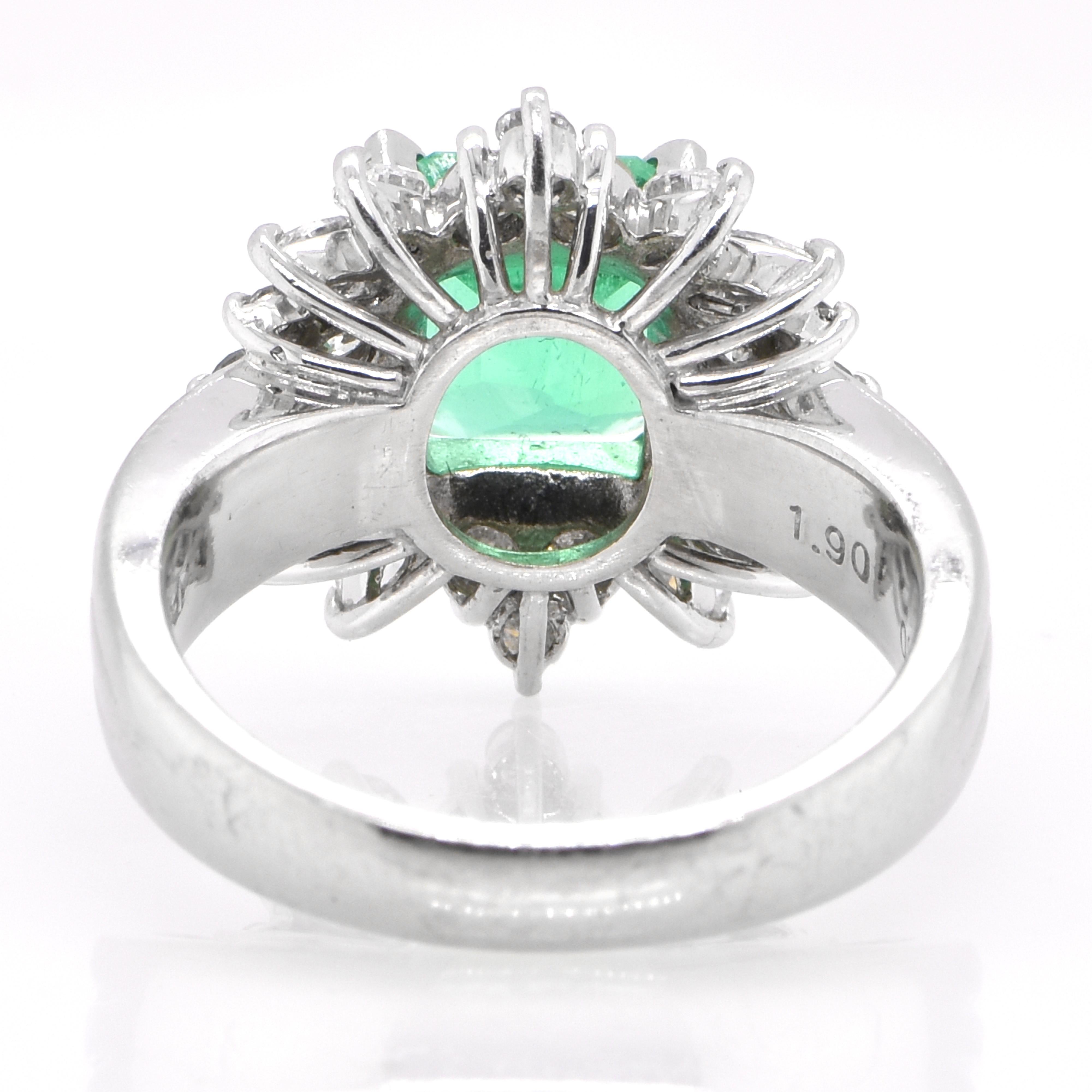 Women's or Men's 1.90 Carat Natural Emerald and Diamond Cocktail Ring Set in Platinum For Sale