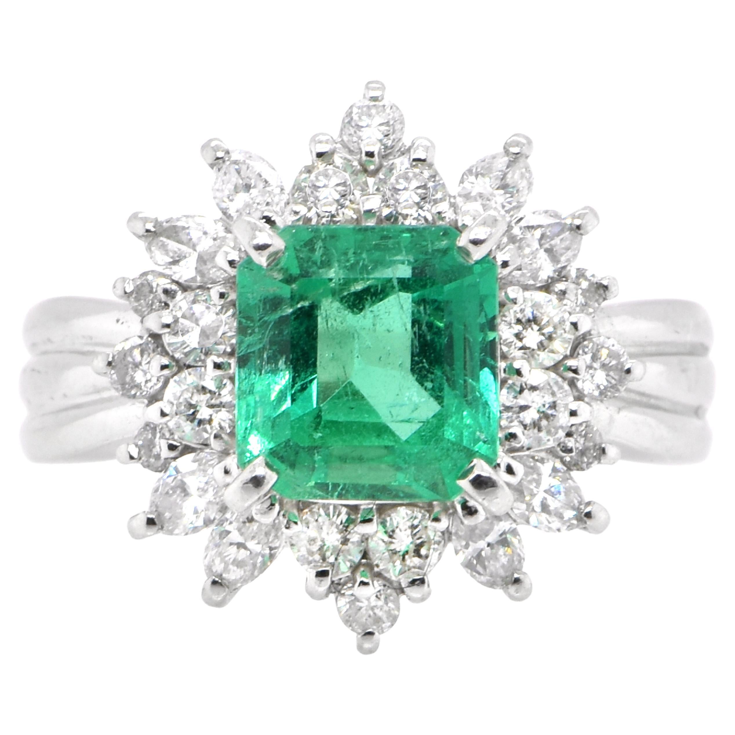 1.90 Carat Natural Emerald and Diamond Cocktail Ring Set in Platinum For Sale