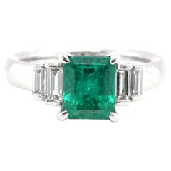 1.90 Carat Natural Emerald and Diamond Three-Stone Ring Set in Platinum