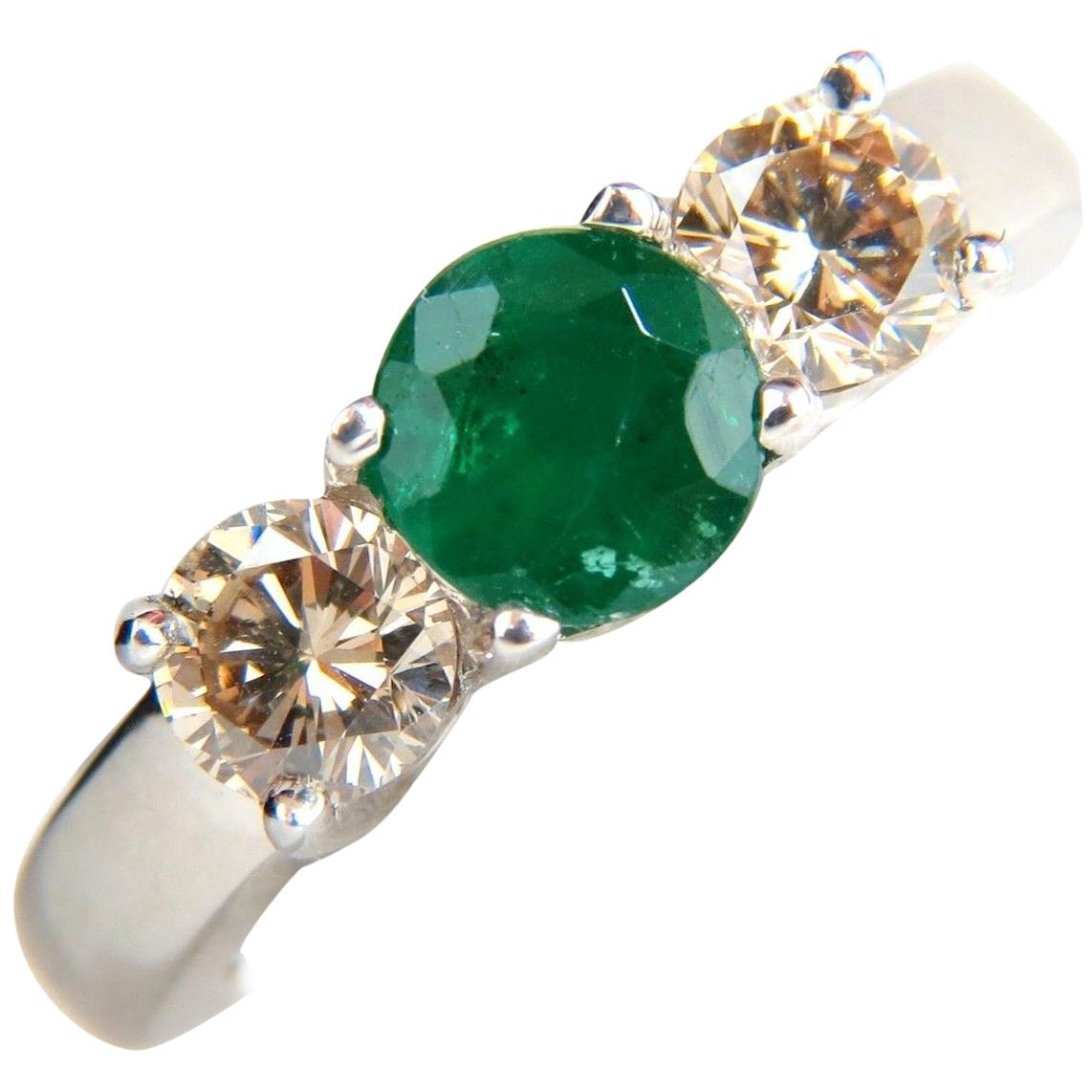 1.90 Carat Natural Round Emerald Fancy Color Brown Diamonds Ring 14 Karat Gold