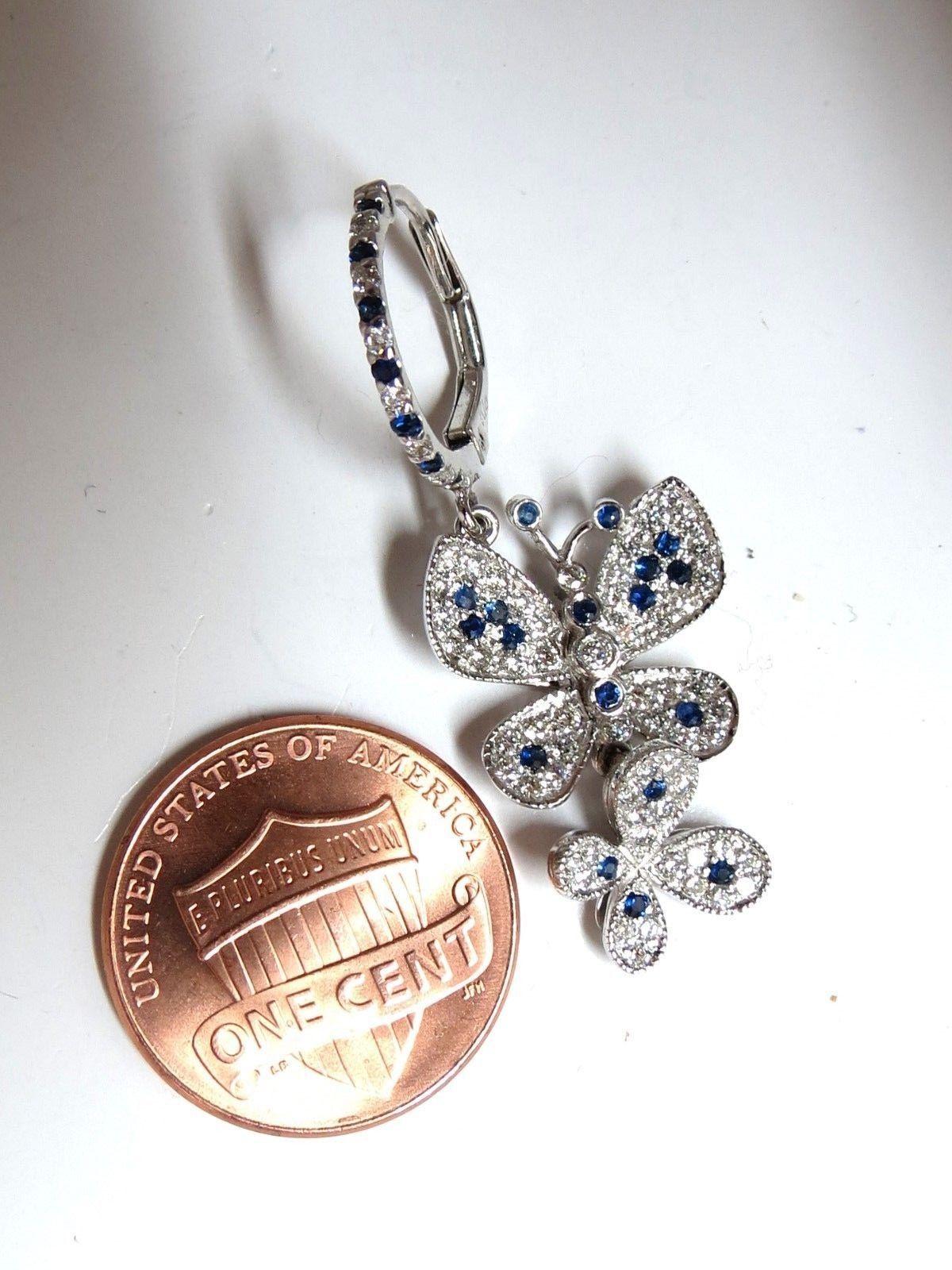 Round Cut 1.90 Carat Natural Sapphire Diamond Butterfly Dangle Earrings 14 Karat For Sale