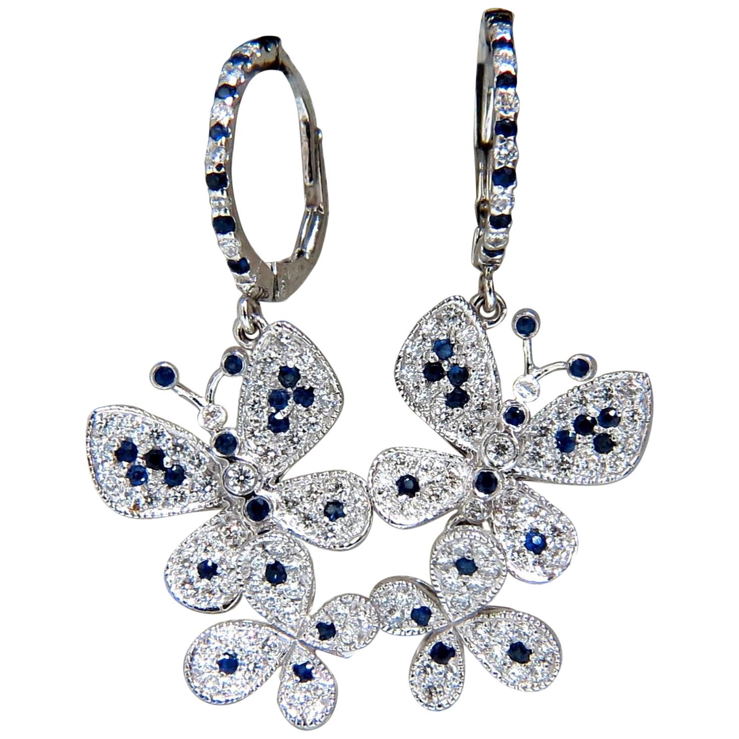 1.90 Carat Natural Sapphire Diamond Butterfly Dangle Earrings 14 Karat