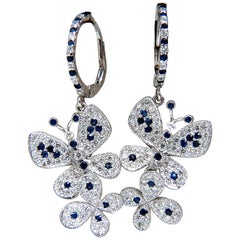 1.90 Carat Natural Sapphire Diamond Butterfly Dangle Earrings 14 Karat