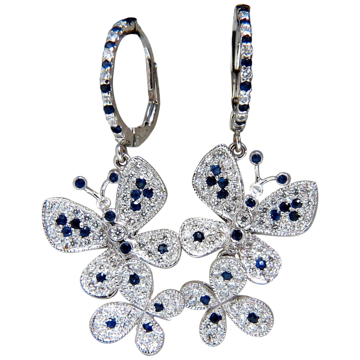 1.90 Carat Natural Sapphire Diamond Butterfly Dangle Earrings 14 Karat*