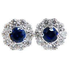 1.90 Carat Natural Sapphire Diamonds Cluster Earrings 14 Karat Gold Halo