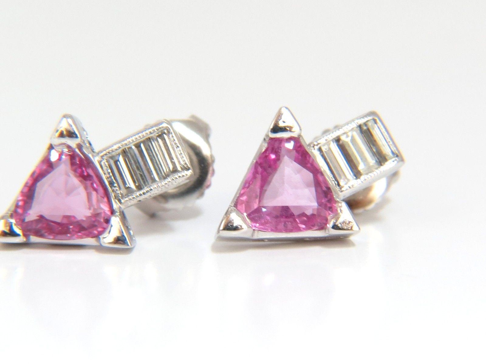 1.40ct. Natural pink sapphires & .50ct. Diamond stud earrings.

modern deco

Sapphires: Trilliant cut, transparent & clean clarity.

Fully faceted & gorgeous vivid pink colors

Range: 5.5mm each.



.50cts of baguette diamonds: 

H-color, Vs-2