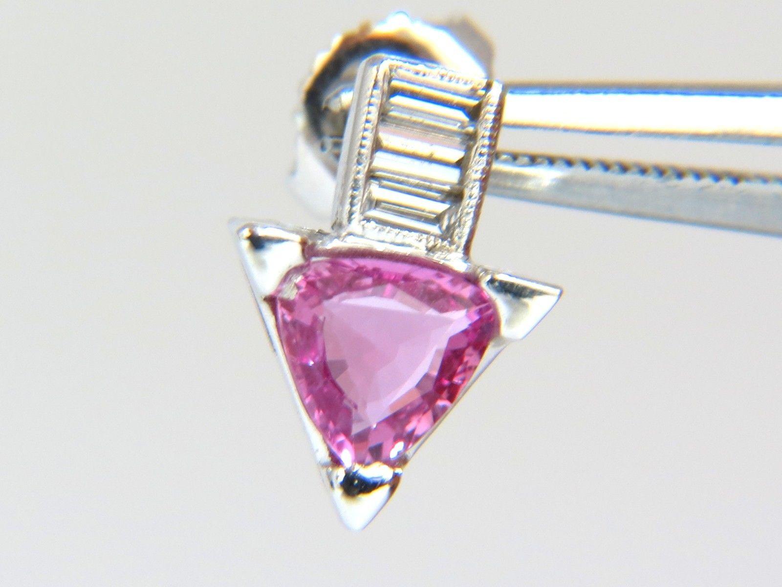 Trillion Cut 1.90 Carat Natural Vivid Pink Trilliant Sapphire Diamonds Stud Earrings 14 Karat For Sale