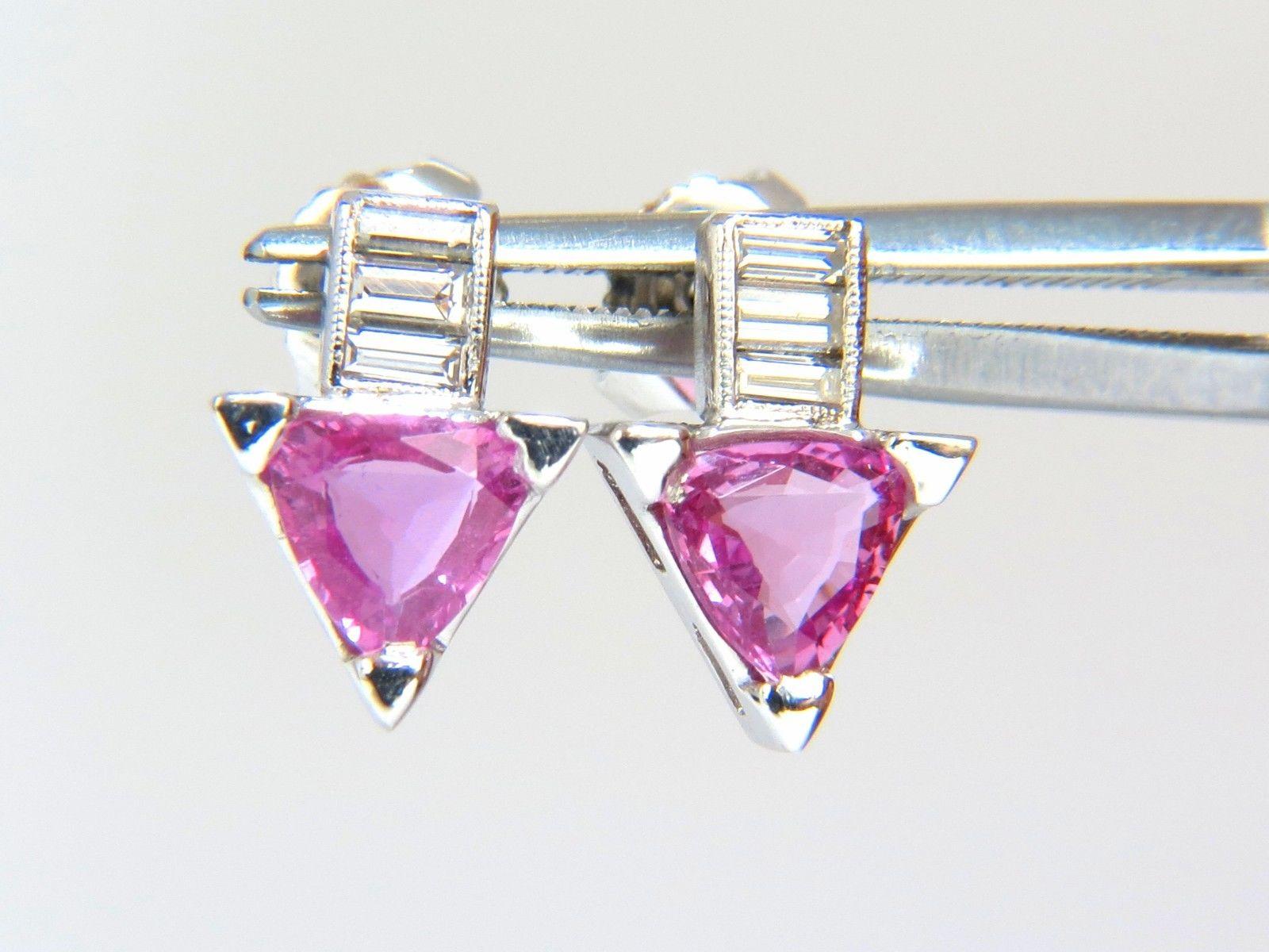 1.90 Carat Natural Vivid Pink Trilliant Sapphire Diamonds Stud Earrings 14 Karat In New Condition For Sale In New York, NY