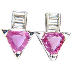 Clous d'oreilles en or 14 carats avec diamants et saphir rose vif et brillant naturel de 1,90 carat