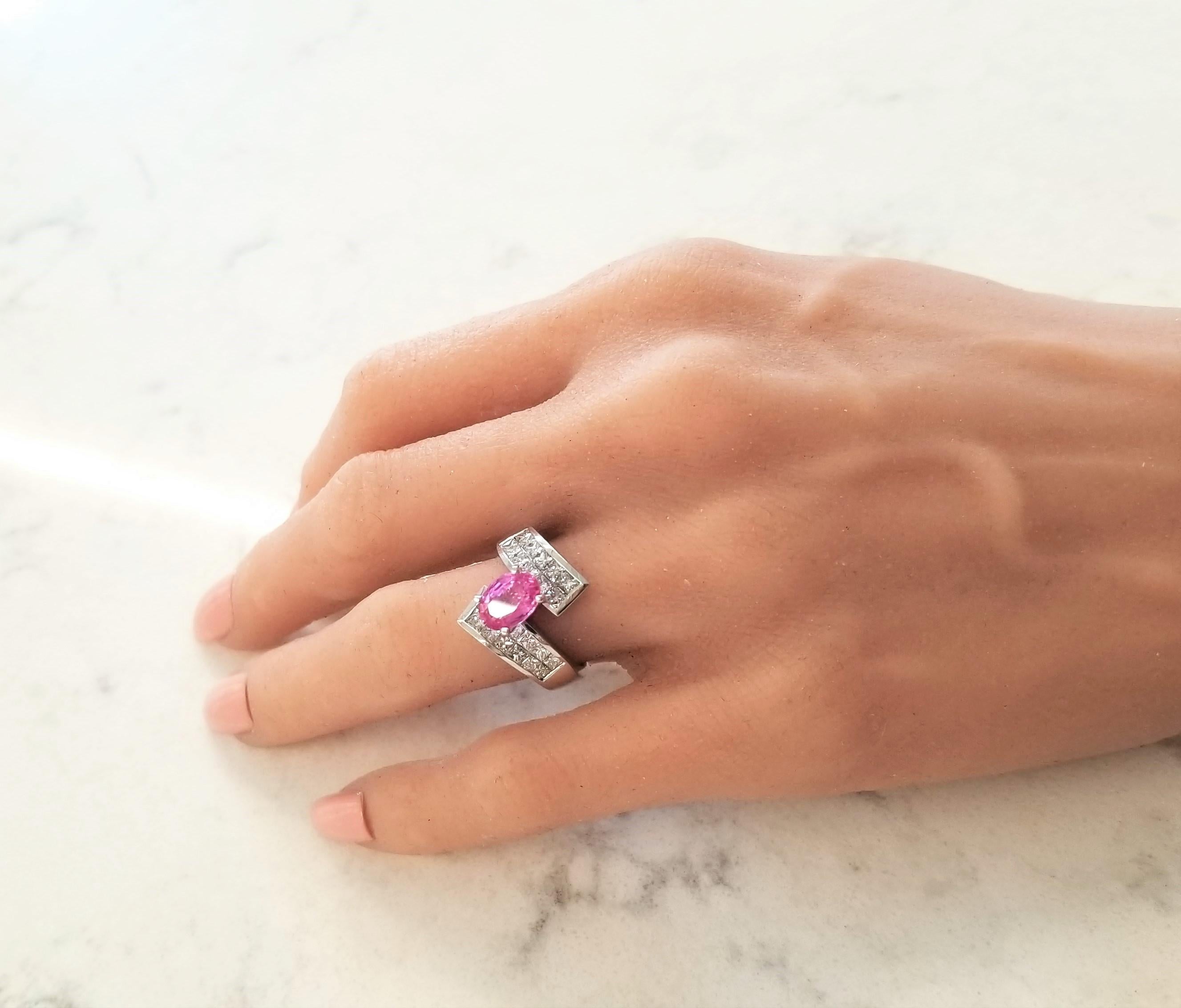Women's 1.90 Carat Oval Pink Sapphire and Princess Cut Diamond Platinum Cocktail Ring