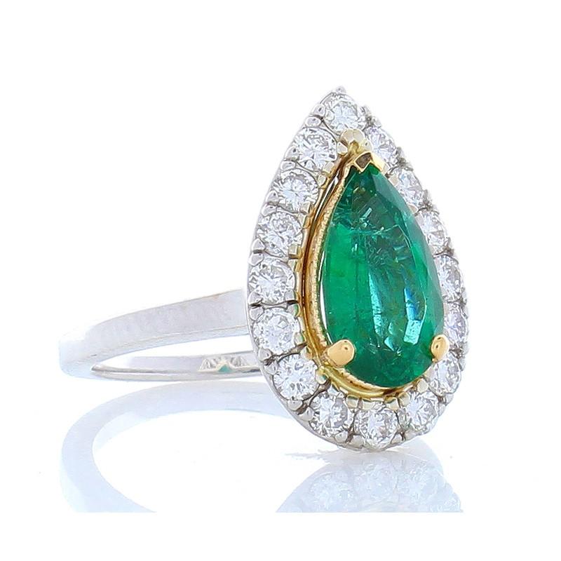 Pear Cut 1.90 Carat Pear Shape Emerald And Diamond Two Tone Cocktail Ring In 18 K Gold