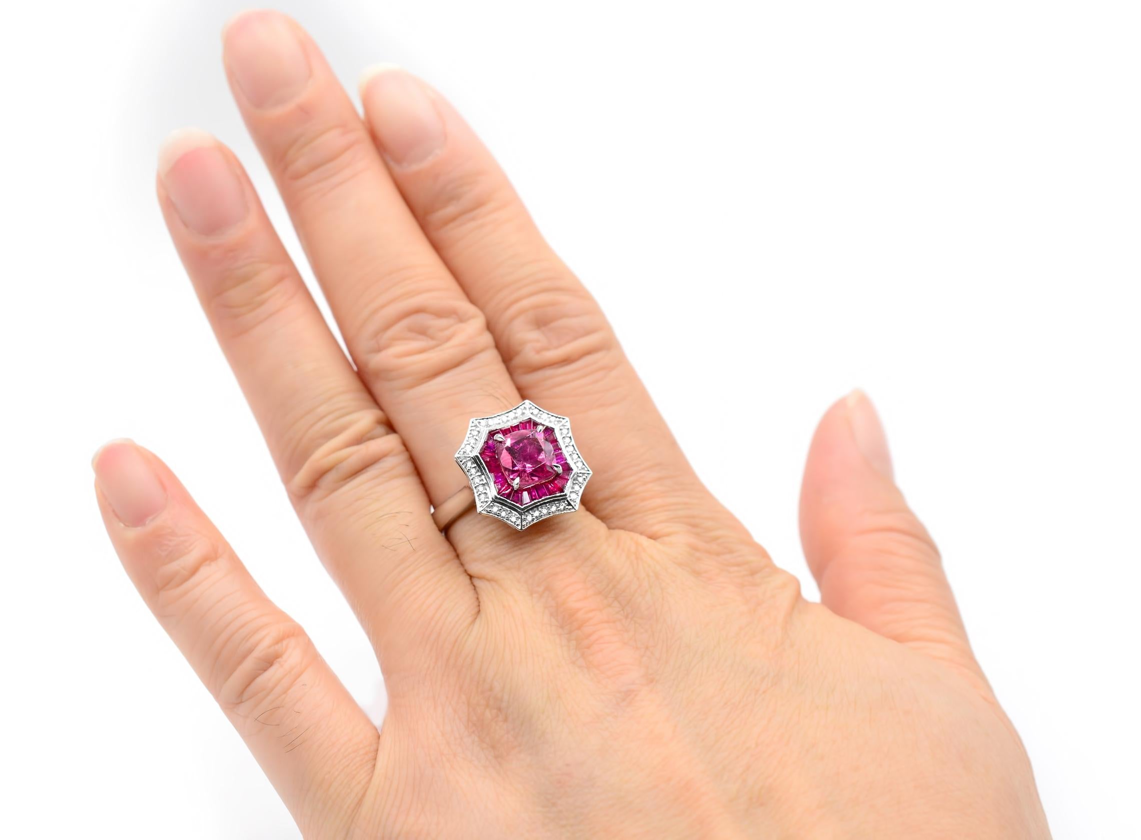 Women's 1.90 Carat Pink Tourmaline, Ruby and Diamond 14 Karat White Gold Cocktail Ring For Sale