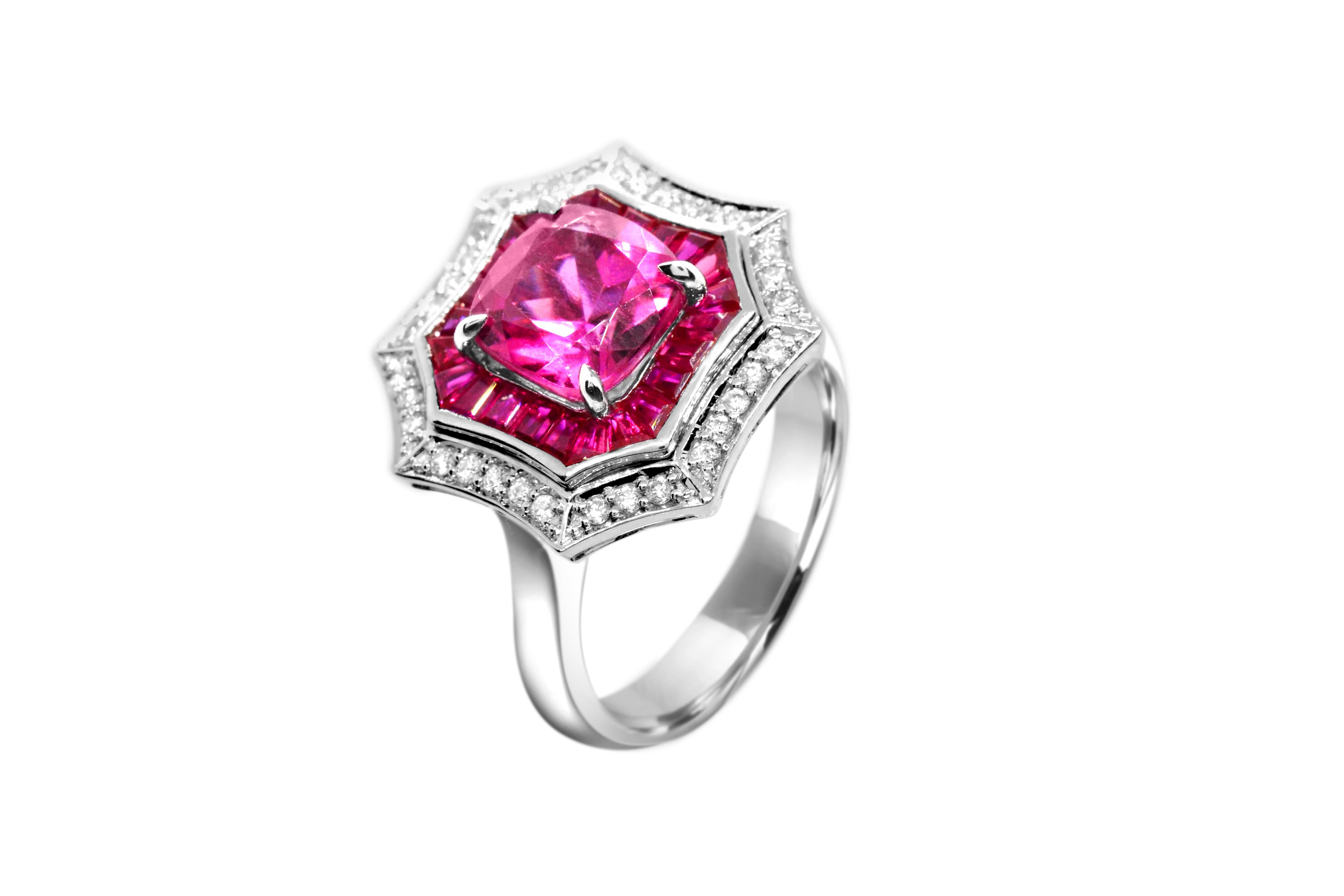 Contemporary 1.90 Carat Pink Tourmaline, Ruby and Diamond 14 Karat White Gold Cocktail Ring For Sale