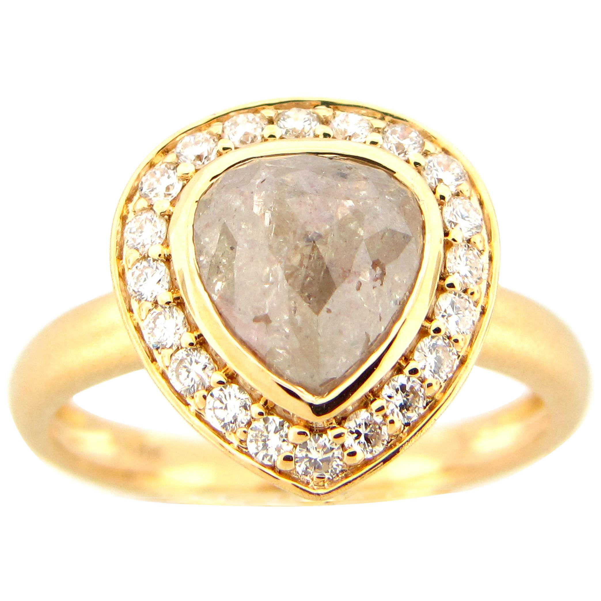 1.90 Carat Rose Cut Pear Gray White Diamond Ring