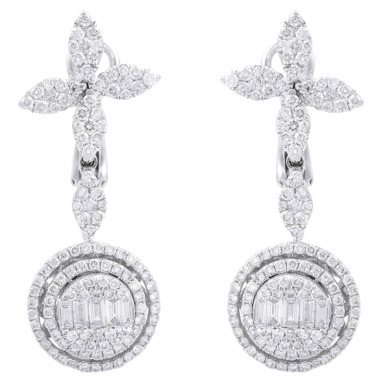 1.90 Carat Round & Baguette Diamond Dangle Earrings 18 Karat White Gold Jewelry For Sale