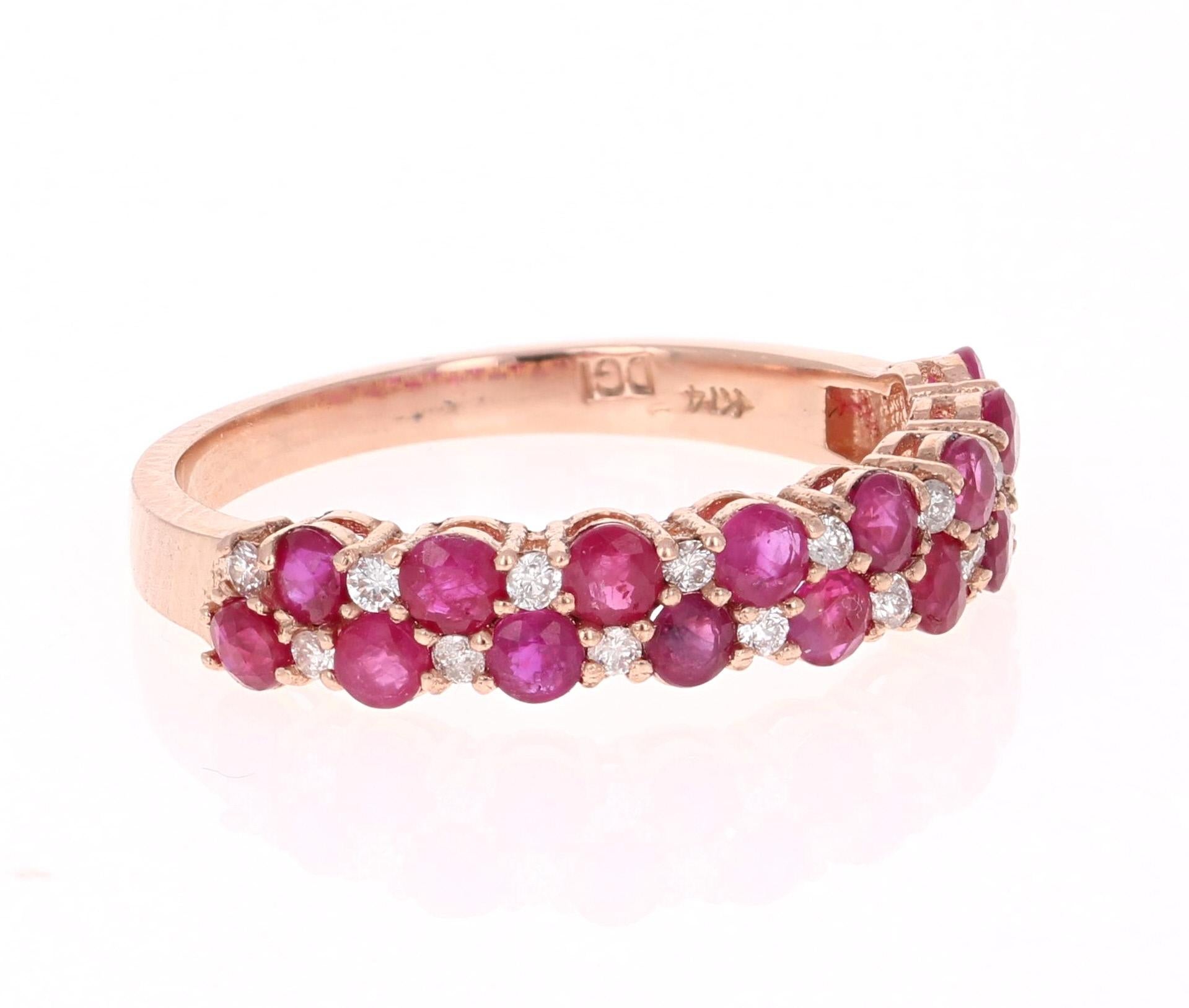 Cute and dainty Ruby and Diamond band that is sure to be a great addition to anyone's accessory collection. There are 16 Round Cut Rubies that weigh 1.30 carats and 16 Round Cut Diamonds that weigh 0.60 carats. The total carat weight of the band is