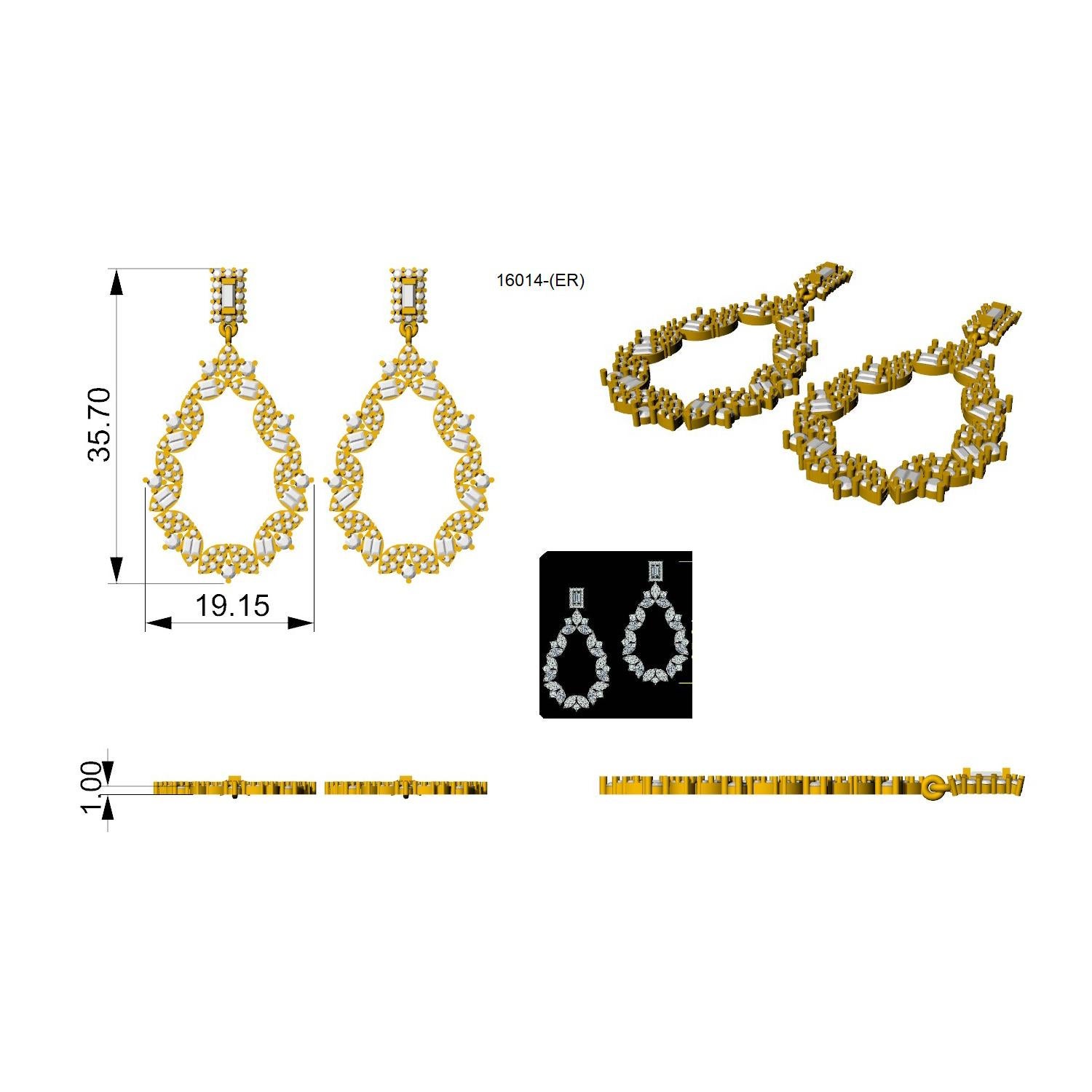 Women's 1.90 Carat SI/HI Baguette Round Diamond Dangle Earrings 18 Karat Yellow Gold For Sale