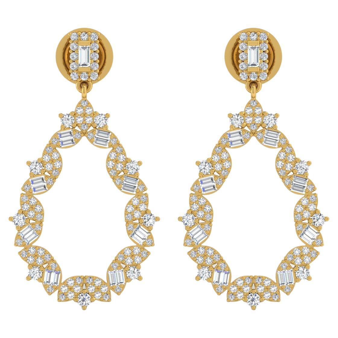 1.90 Carat SI/HI Baguette Round Diamond Dangle Earrings 18 Karat Yellow Gold