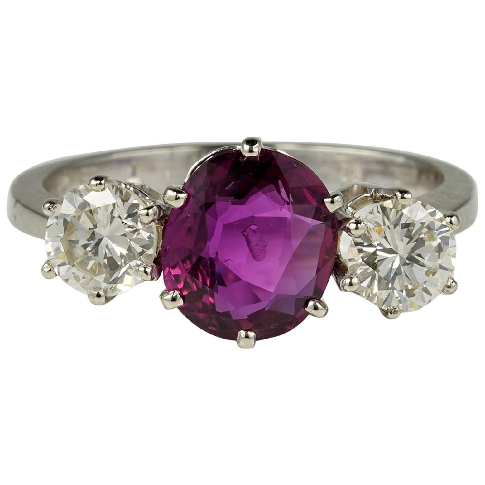 1.90 Carat Thailand Red Ruby 1.04 Carat Diamond Trilogy Ring For Sale