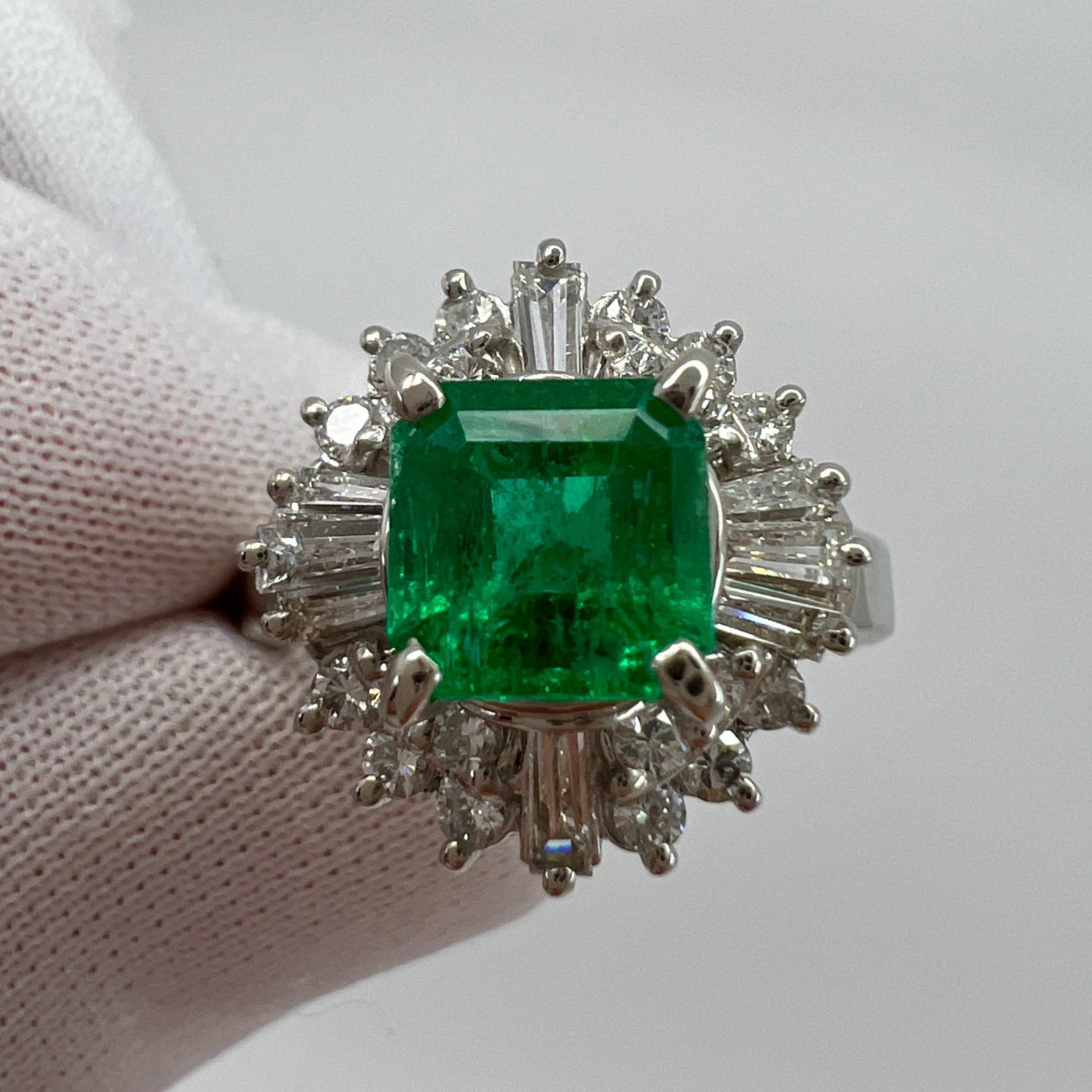 1.90 Carat Vivid Green Colombian Emerald & Diamond Platinum Halo Cluster Ring In Good Condition For Sale In Birmingham, GB