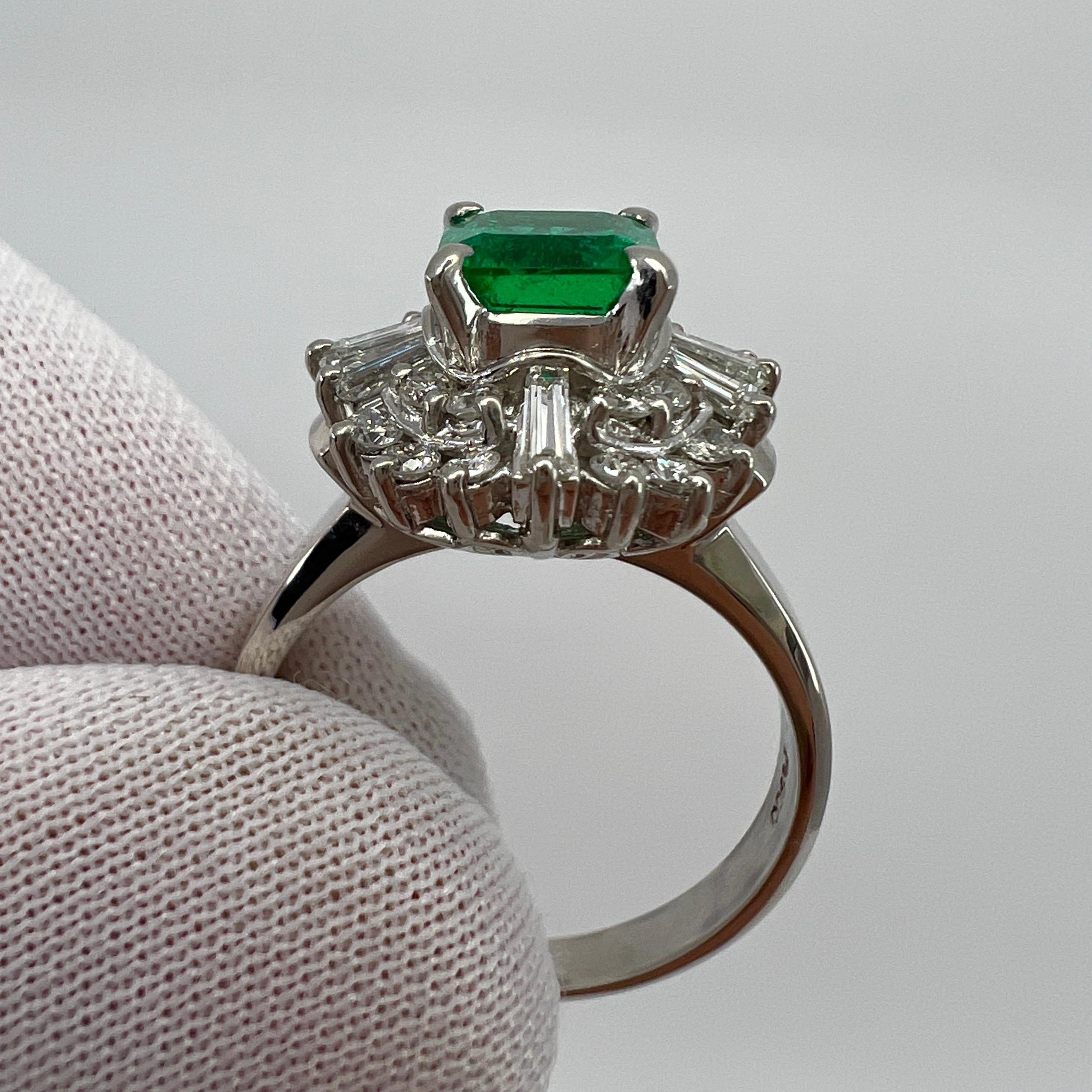 Women's or Men's 1.90 Carat Vivid Green Colombian Emerald & Diamond Platinum Halo Cluster Ring For Sale