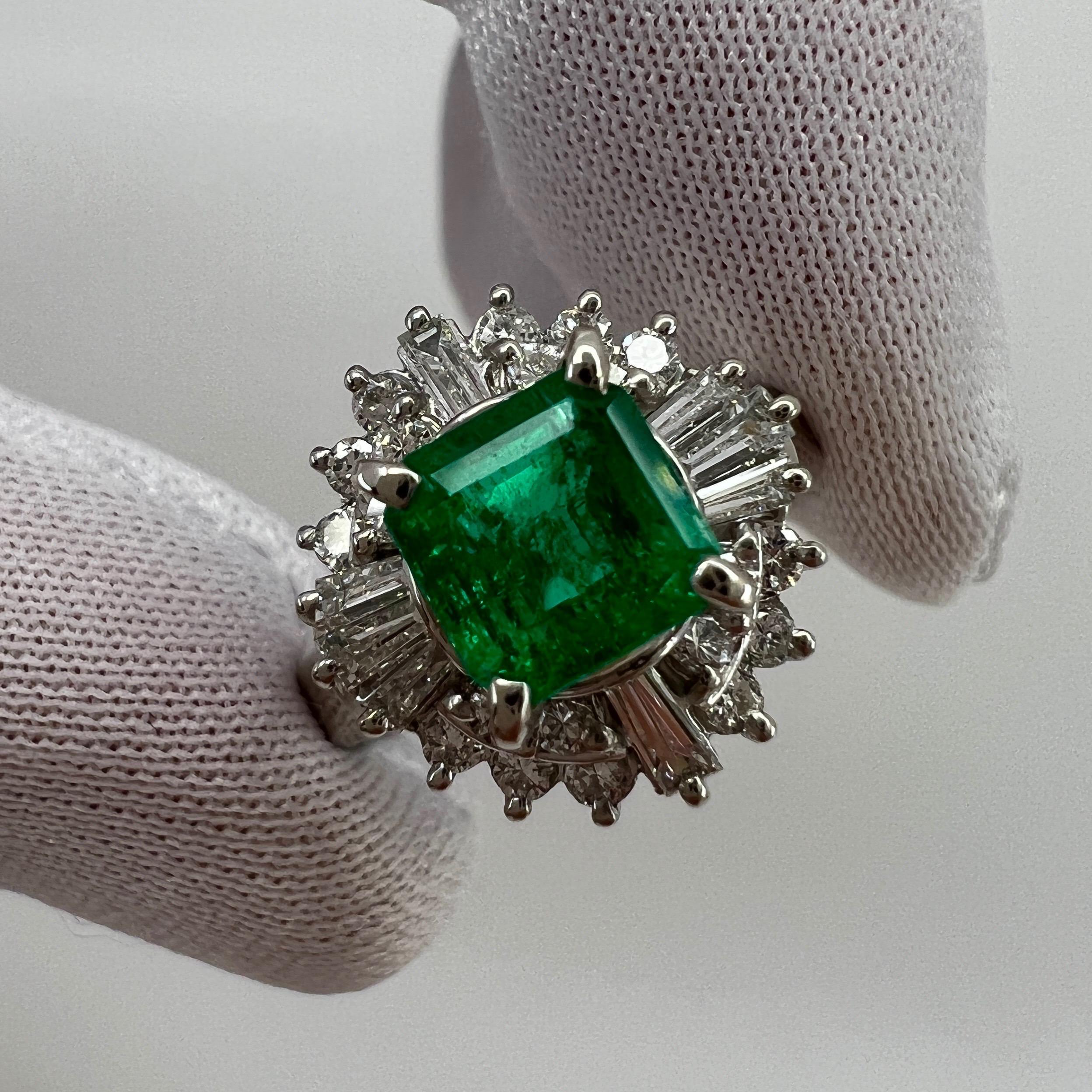 1.90 Carat Vivid Green Colombian Emerald & Diamond Platinum Halo Cluster Ring For Sale 1