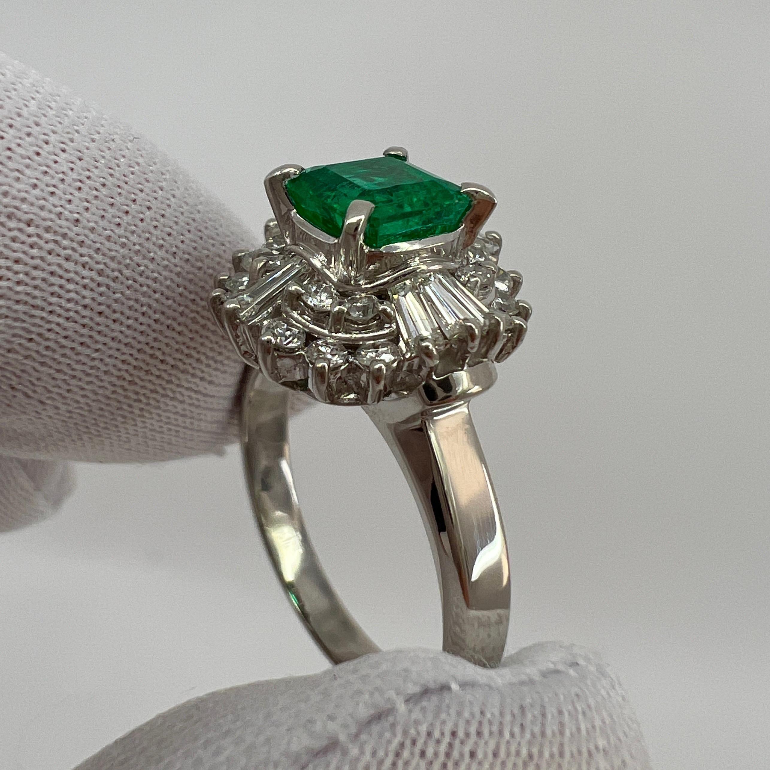 1.90 Carat Vivid Green Colombian Emerald & Diamond Platinum Halo Cluster Ring For Sale 2