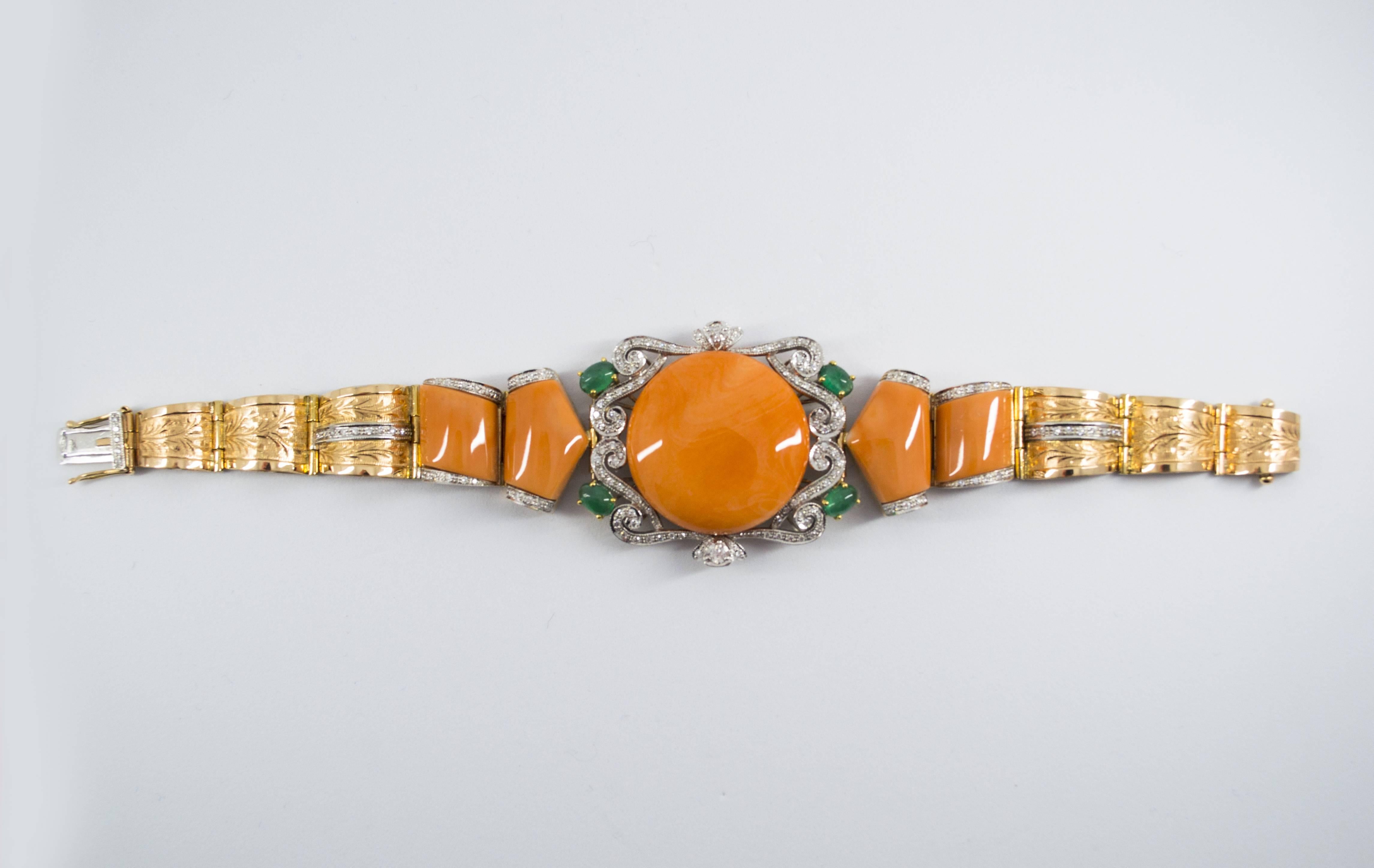 Art Deco Style White Diamond Emerald Peach Coral Yellow Gold Bracelet 1