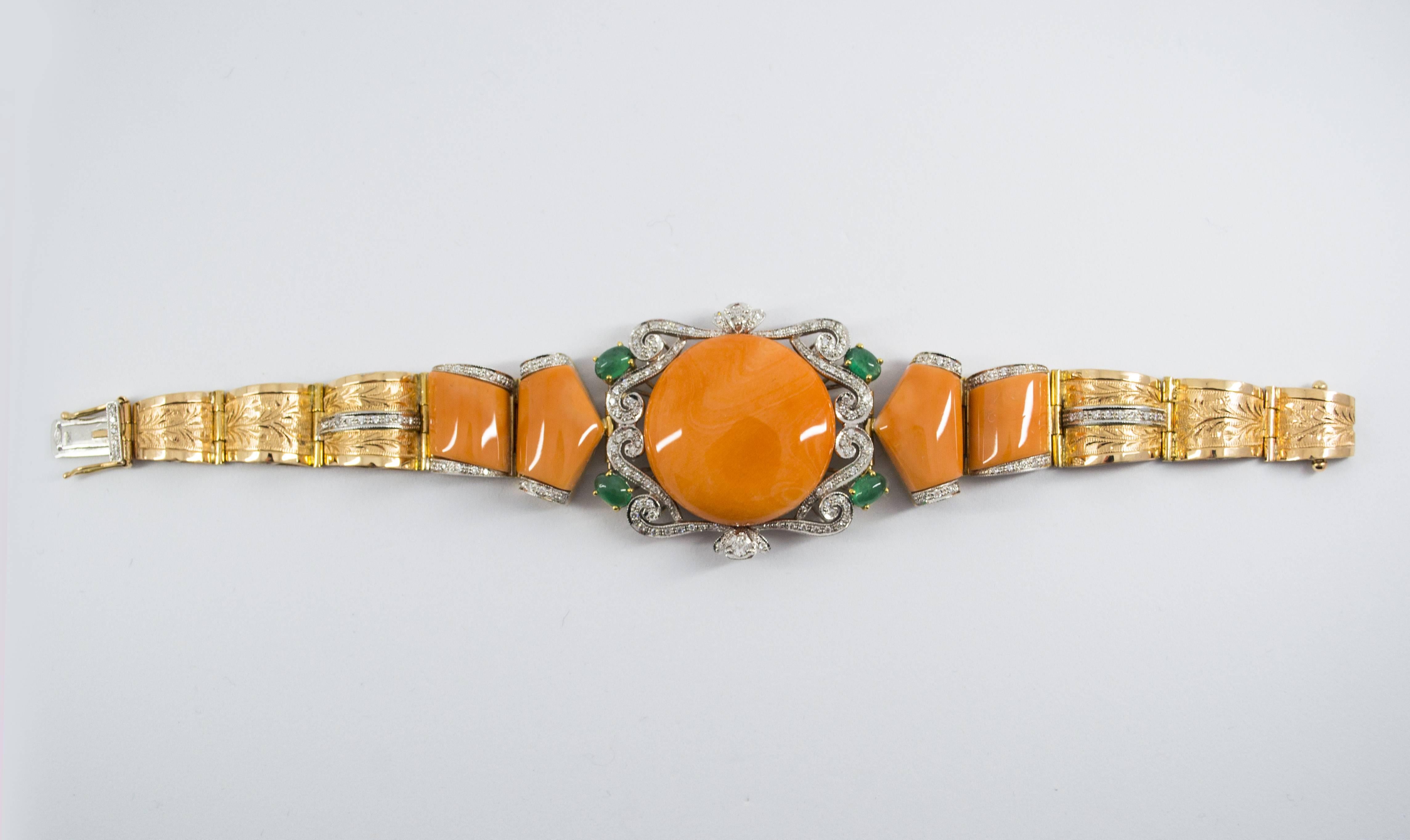 Art Deco Style White Diamond Emerald Peach Coral Yellow Gold Bracelet 2