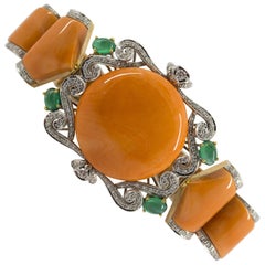 Art Deco Style White Diamond Emerald Peach Coral Yellow Gold Bracelet