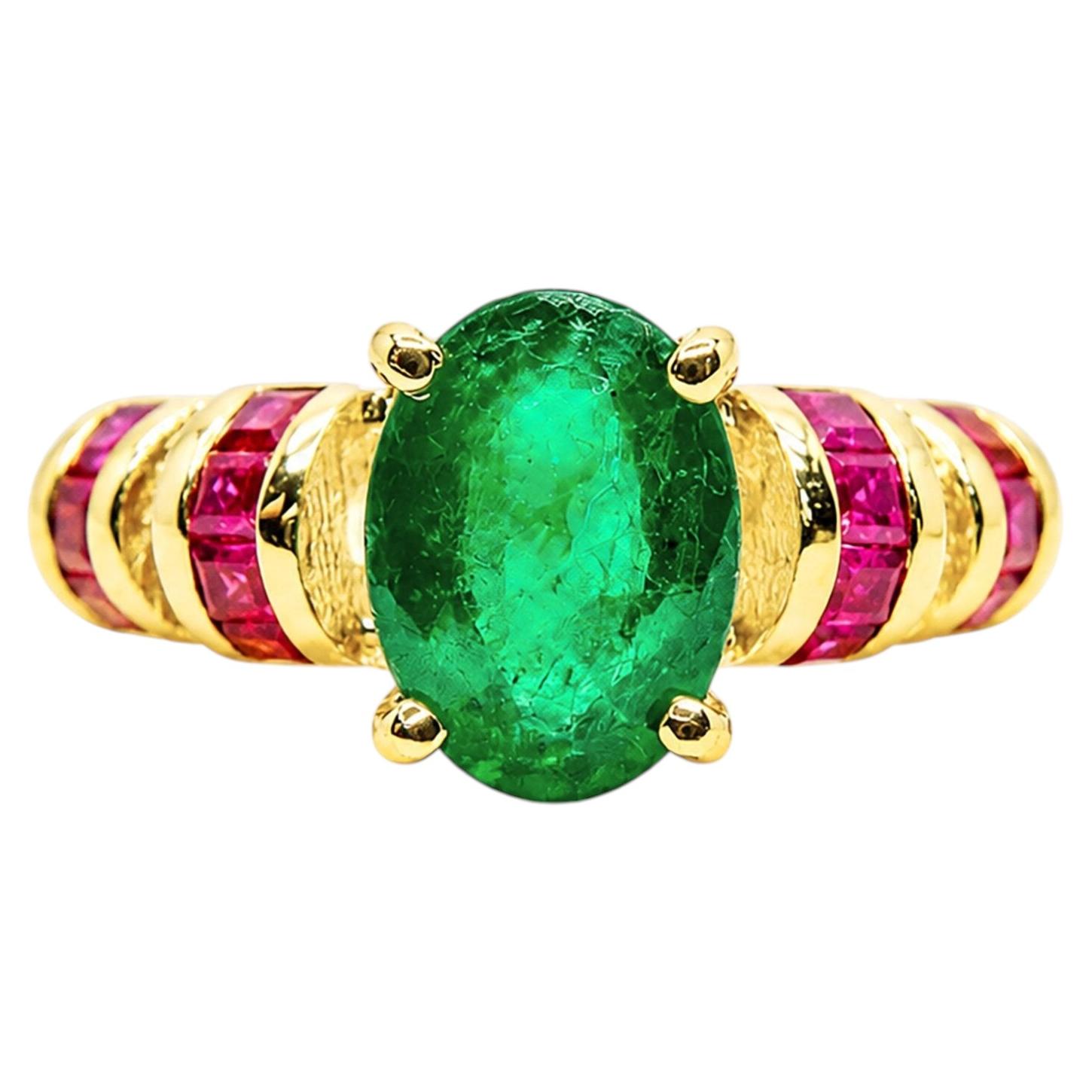 1.90 Carat Zambian Emerald Cocktail Ring Luxury Design Emerald and Ruby Ring