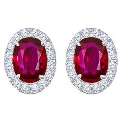 1.90 Carat Natural Oval Rubies with 0.32 Carat Diamond Stud Earrings, 14 Karat