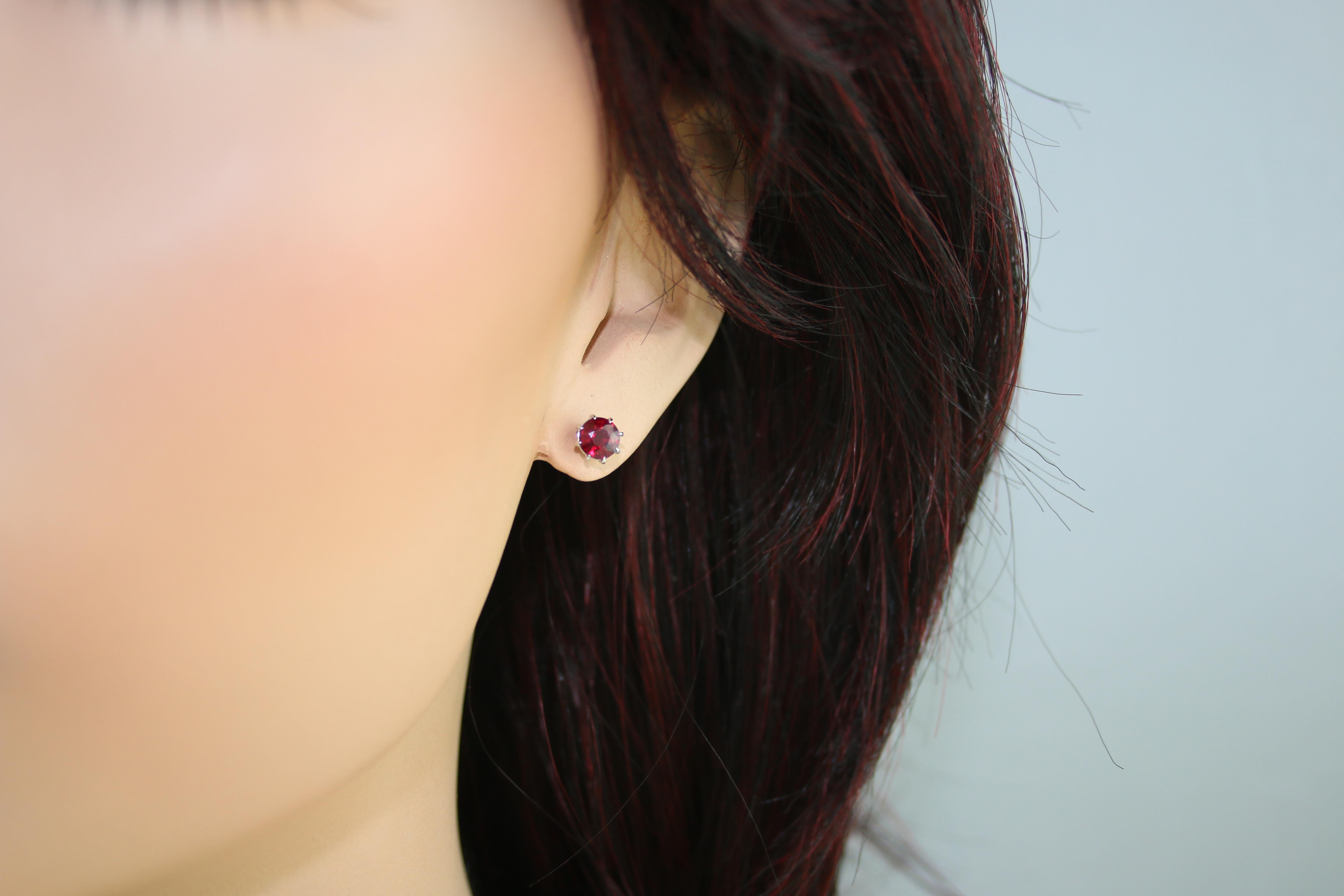 Round Cut 1.90 Carats Ruby Stud White Gold Stud Earrings