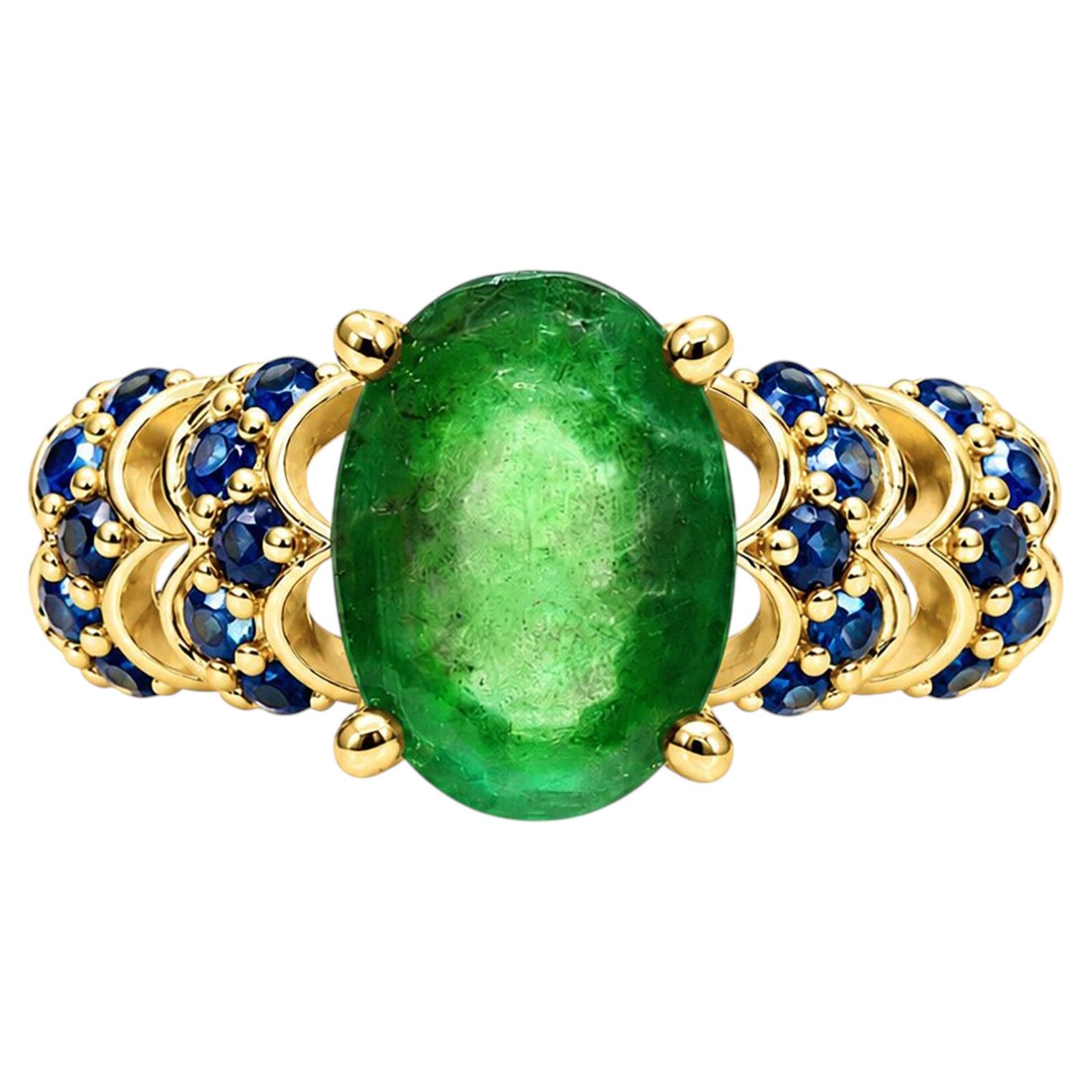 Anello cocktail con smeraldo da 1,90 carati e zaffiro blu in oro 14K Anello di lusso con smeraldo