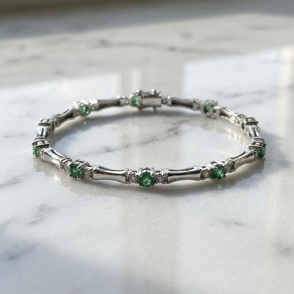 Armband mit 1,90 Karat natürlichem Smaragd und Diamant aus 14k Weißgold (Art déco) im Angebot