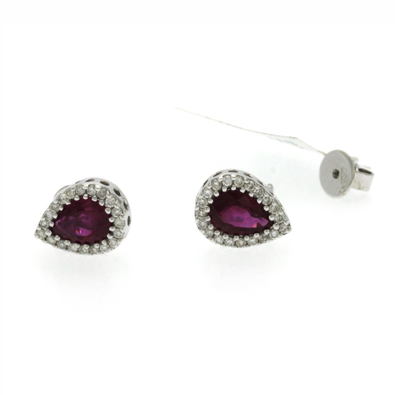 Round Cut 1.90 Ct Natural Ruby 0.30 Ct Diamonds 18K White Gold Tear Drop Stud Earrings For Sale