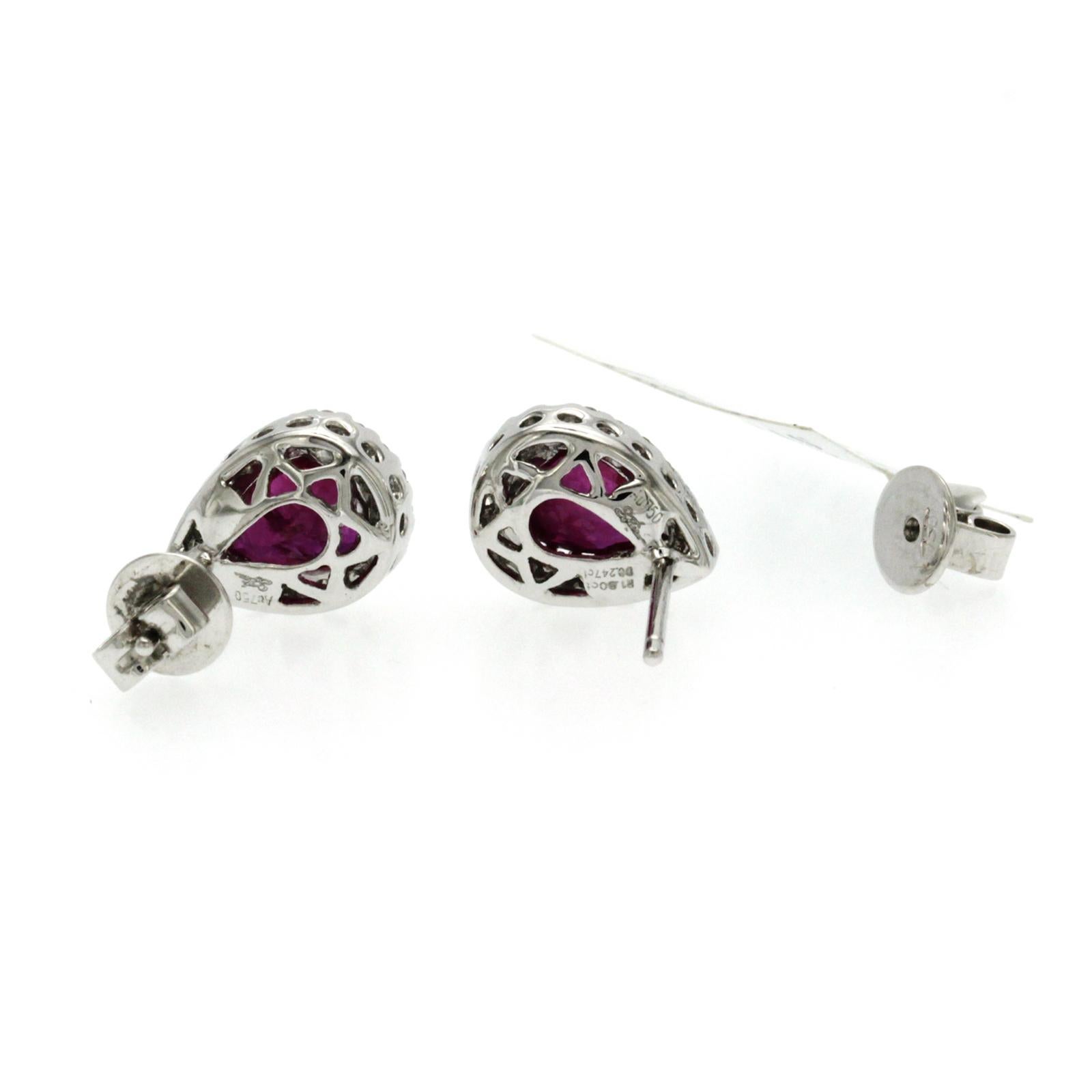 1.90 Ct Natural Ruby 0.30 Ct Diamonds 18K White Gold Tear Drop Stud Earrings In New Condition For Sale In Los Angeles, CA