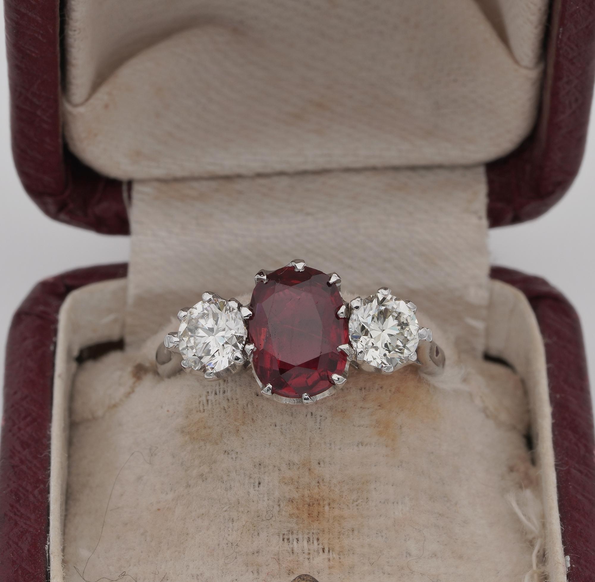 Estate
Classy yet meaningful trilogy style suitable for engagement or anniversary to treasure for life, boasting three beautiful earth mined gemstones
The Spinel is estimated on mounting 1.90 Ct facing up with great impact measuring measuring 8.7