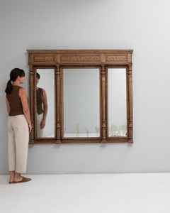 1900-1909 France Warm Golden Oak Carved Oak Triptych Mirror