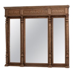 1900-1909 France Warm Golden Oak Carved Oak Triptych Mirror