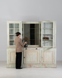 1900-1909 France Weathered Pale Grey Painted Oak Glazed Bookcase Hutch