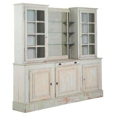 1900-1909 France Weathered Pale Grey Painted Oak Glazed Bookcase Hutch