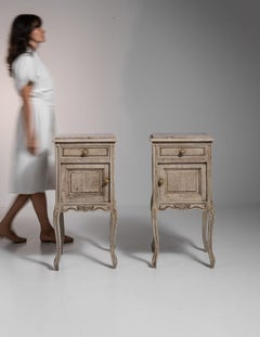 1900-1909 France Weathered Whitewash Pair Of Cerused Oak Nightstands