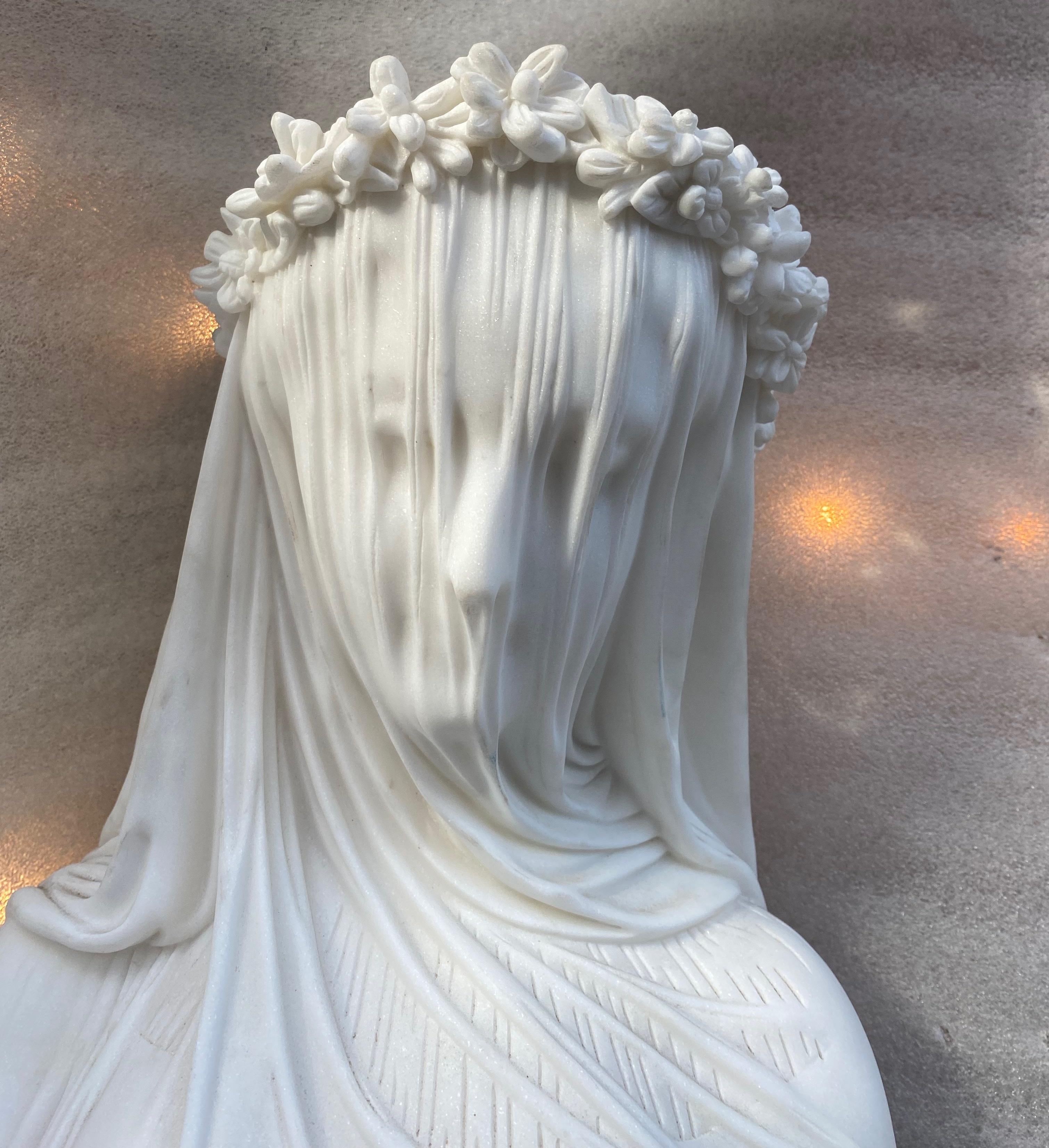 1900/1920 Neapolitan Carrara Marble Bust of Bride with Veil 9