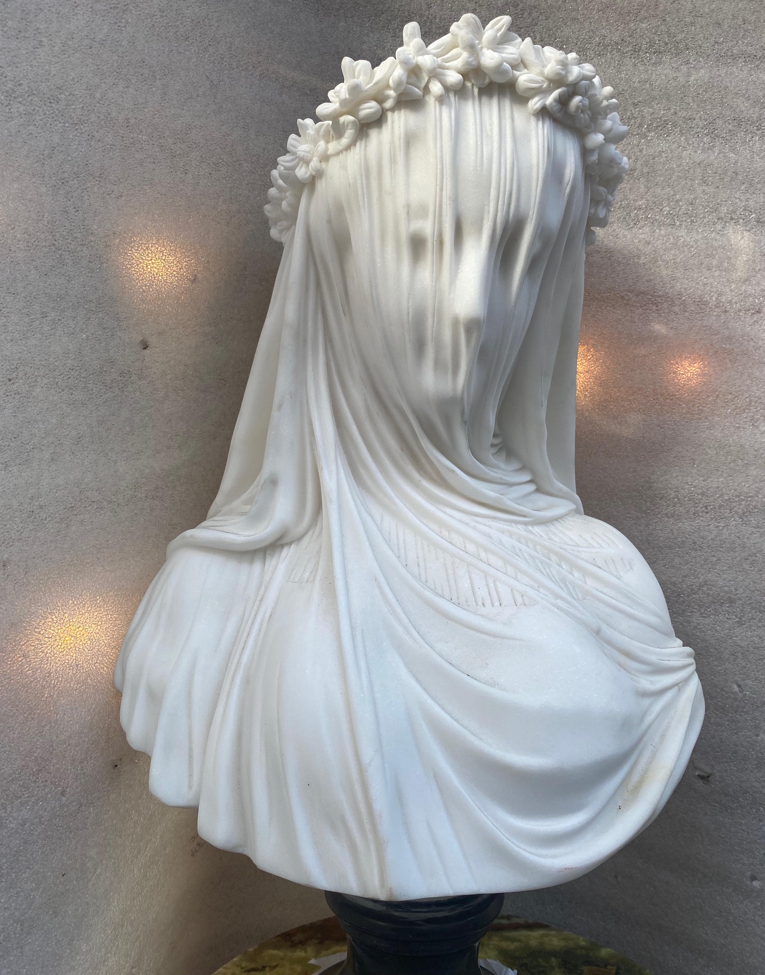 Art Nouveau 1900/1920 Neapolitan Carrara Marble Bust of Bride with Veil