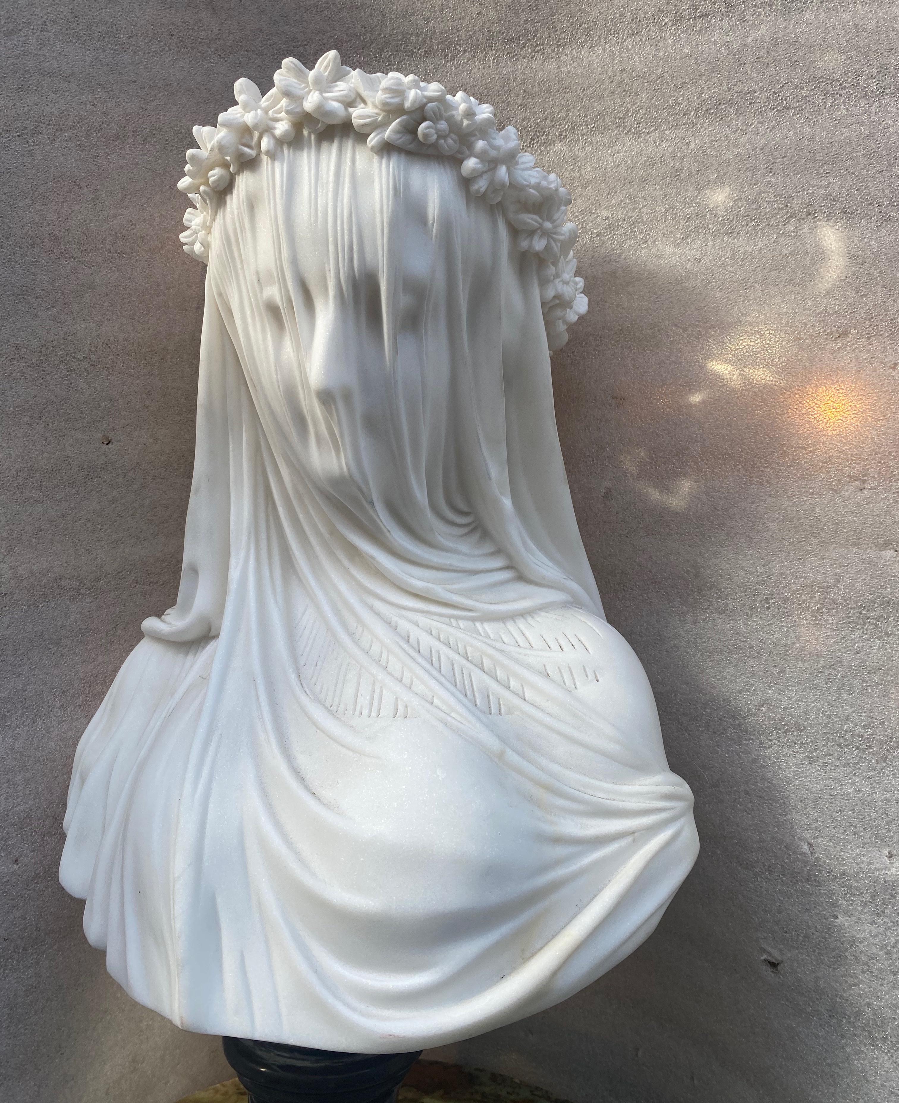 Italian 1900/1920 Neapolitan Carrara Marble Bust of Bride with Veil