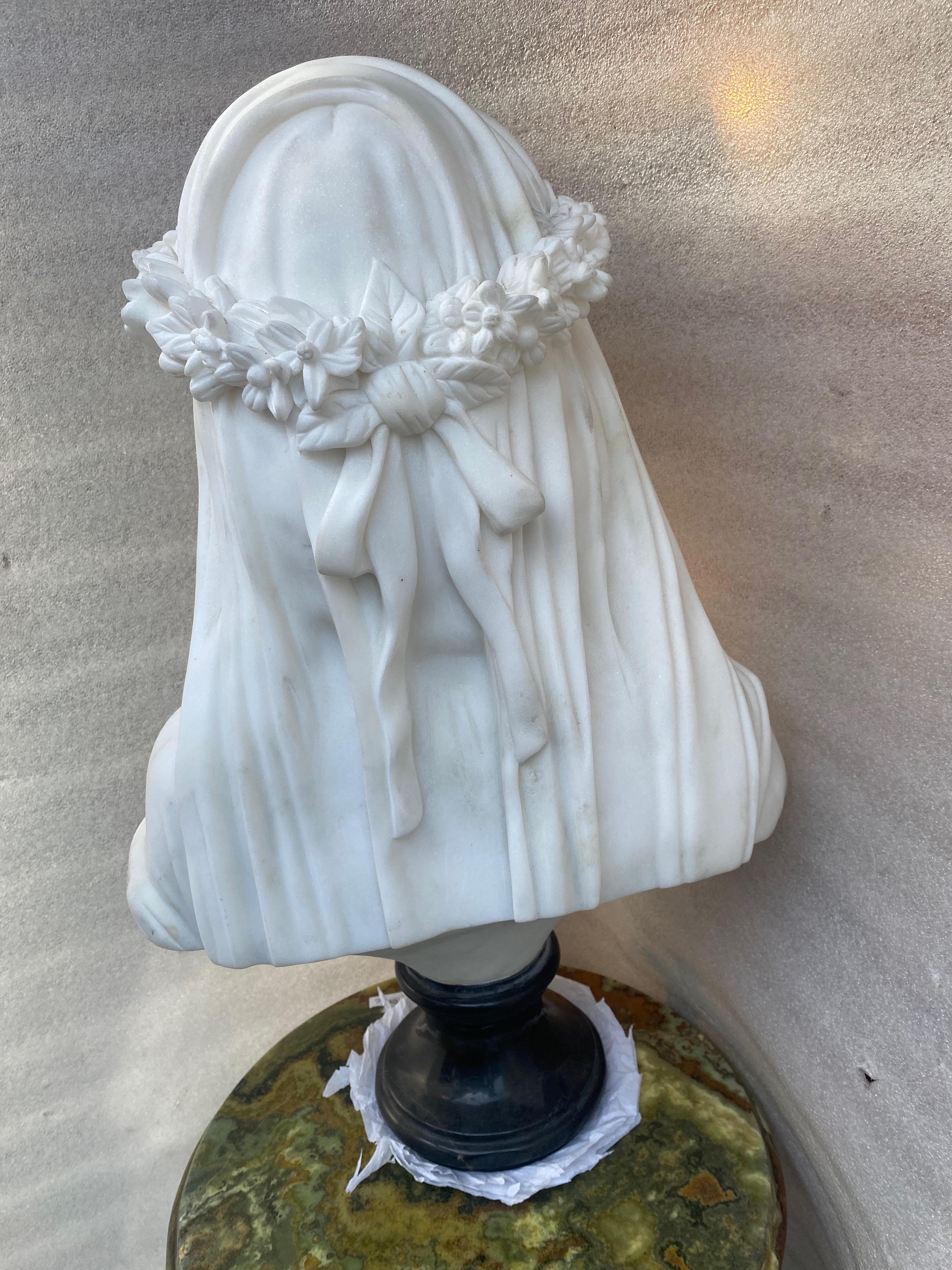 1900/1920 Neapolitan Carrara Marble Bust of Bride with Veil 2